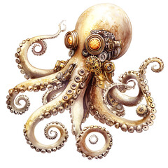 Obraz premium Steampunk Octopus: Detailed Gold and White Mechanical Creature with Intricate Tentacles