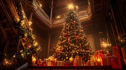Holiday Grandeur: A majestic Christmas tree, adorned with twinkling lights and ornaments, stands in the opulent foyer of a historic mansion, evoking warmth and festive cheer.