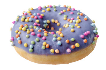 Single donut decorated with purple icing and colorful sprinkles