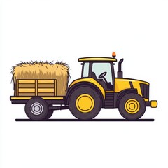 Fototapeta premium Yellow Tractor Hauling Hay Bale on Wooden Trailer, Pixel Art Illustration