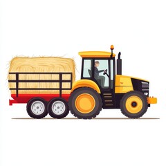 Fototapeta premium Yellow Tractor Hauling a Large Bale of Hay on a White Background