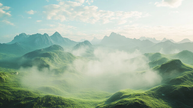 Serene green mountain landscape with misty peaks and rolling hills fog sky view calm wild image rural