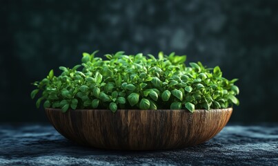 Lush Green Indoor Plant Arrangement in Wooden Bowl on Dark Background