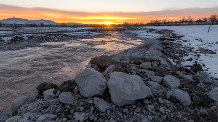 Sunset over snowy river; rocks in foreground; mountains in distance