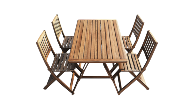 Wooden outdoor dining table with matching chairs arranged for alfresco meals in a sunlit garden space