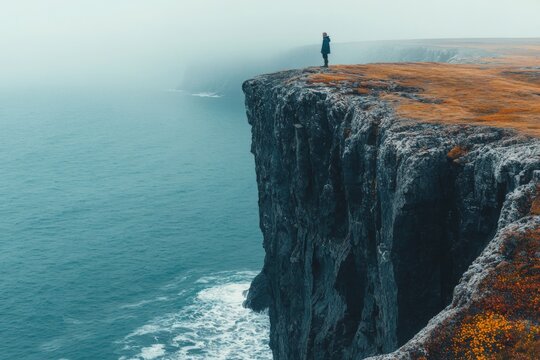 Dramatic cliff overlooking misty ocean with solitary figure standing on edge at dawn