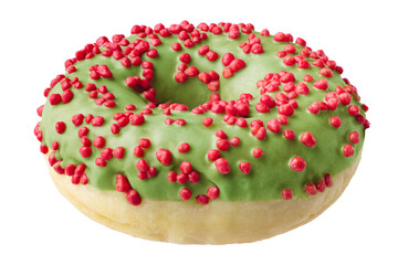 Single donut decorated with green icing and red sprinkles