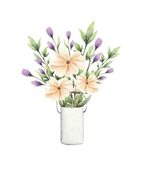 bouquet of watercolor flowers in a bucket