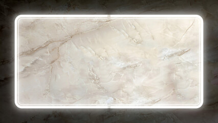 White neon frame glowing on light brown or gold marble background