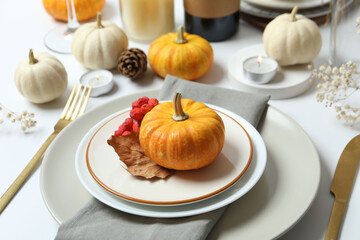 Rustic holiday table setup with plates, cutlery and autumn decorations