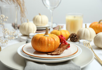 Rustic holiday table setup with plates, cutlery and autumn decorations