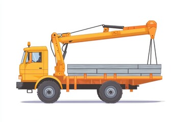 Yellow Truck Crane Lifting Concrete Slab Pixel Art Illustration