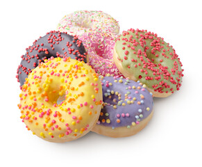 Group of donuts decorated with icing of various colors and colorful sprinkles