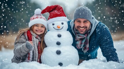 Happy Family Building Snowman in Snowy Winter Landscape