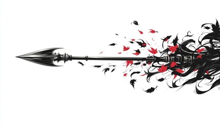 Naklejka premium Abstract Arrow Piercing Through Dark Hair and Red Leaves