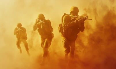 Fototapeta premium Soldiers advancing through smoke during military operation in dramatic lighting