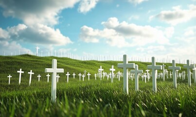 Obraz premium Graveyard with White Crosses in Lush Green Field Under Blue Sky