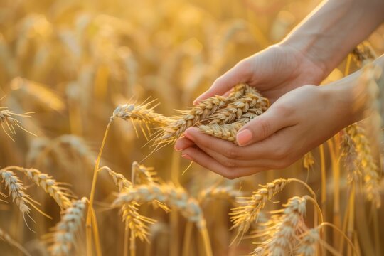 A close-up shot of a girl holding ears of ripe wheat in her hands. Neural network ai generated