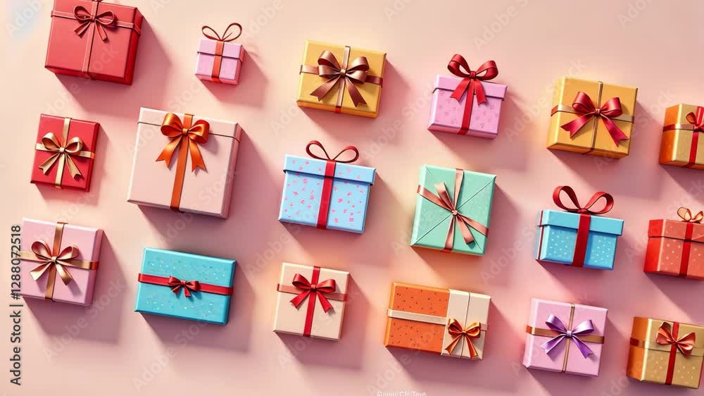 Aufkleber A stack of colorful boxes with pink bows on them. The boxes are of different sizes and colors