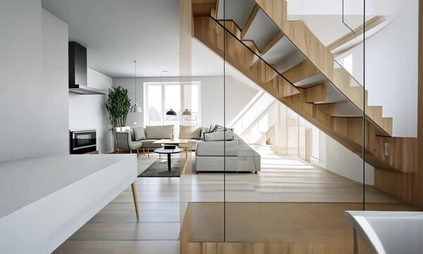 Interior of a modern house with light colors and cozy wooden. Generative AI Technology 