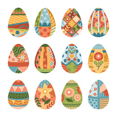 Painted Easter eggs set or patchwork stickers. Vector clipart collection of drawing oval egg shapes. Handiwork or needlework holiday decor. Handmade colorful textile applique. Holiday decorations.