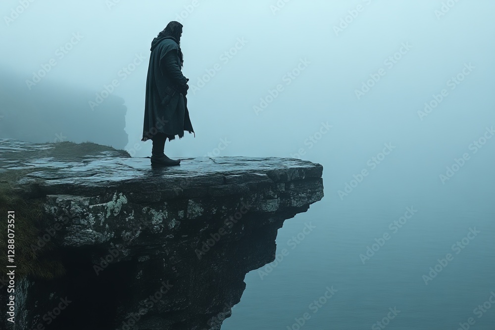 Aufkleber mysterious figure contemplating nature at the edge of a cliff in foggy weather