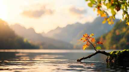 Autumnal Lake Landscape with Sunset and Small Branch