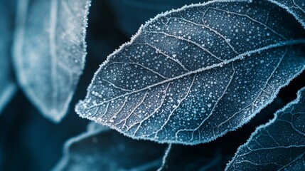 Close Up of Frost Covered Leaves in Dark Blue Tones