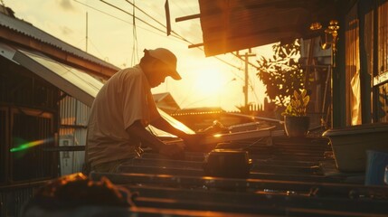 Fototapeta premium Old Thai people install solar cells on the roof Male engineer quality control solar panel industry telephoto lens realistic bright-dark contrast lighting