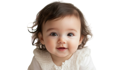 Cute baby girl with curly hair smiling brightly in a soft white outfit indoors