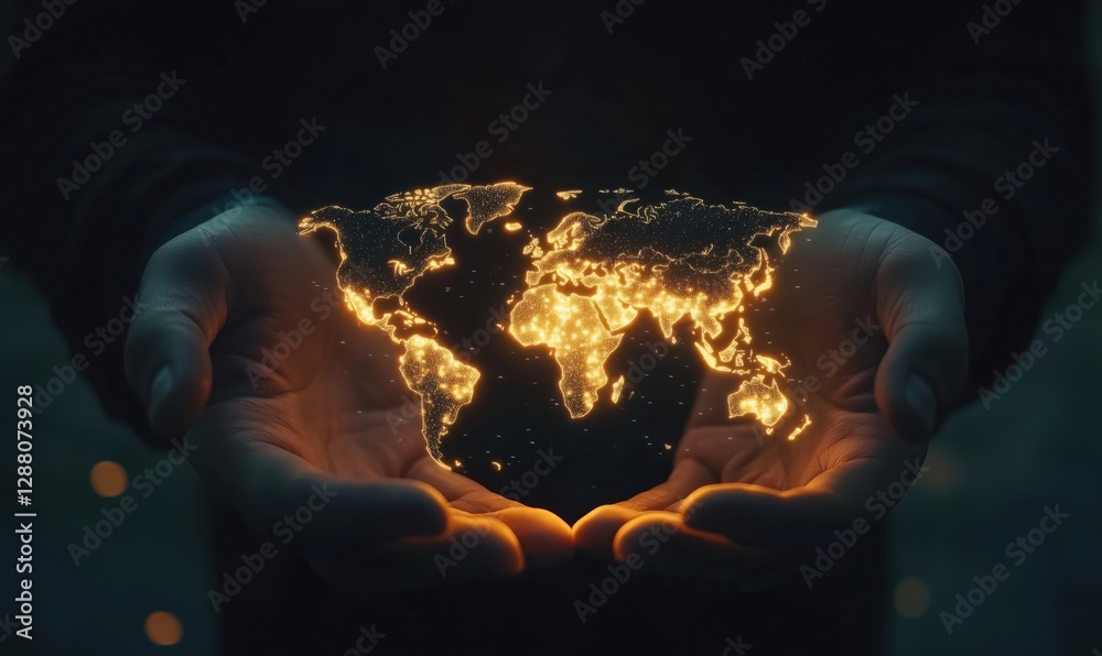 Poster glowing world map held in hands symbolizing global connection and unity