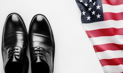 Black dress shoes positioned next to American flag symbolizing patriotism and style