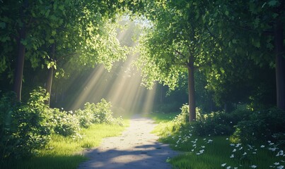 Obraz premium Serene forest pathway illuminated by sunlight filtering through lush green trees