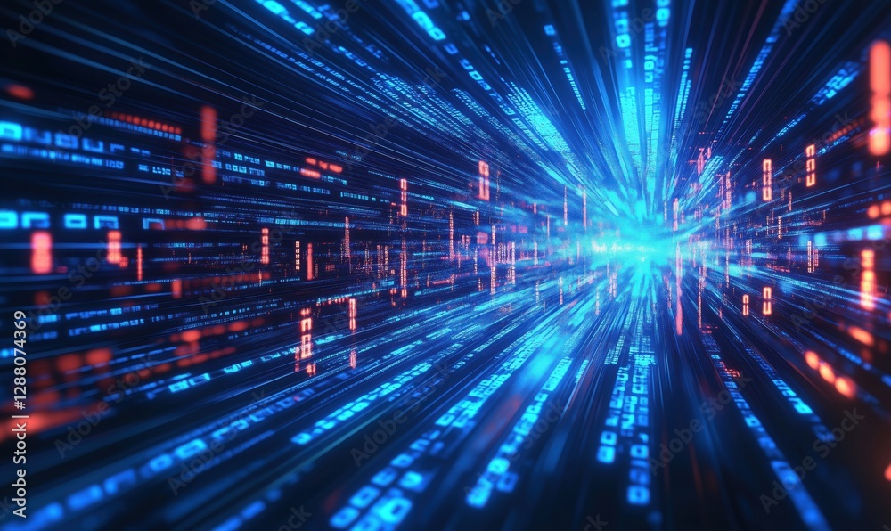 Poster digital data stream with glowing binary code and vibrant blue light effects
