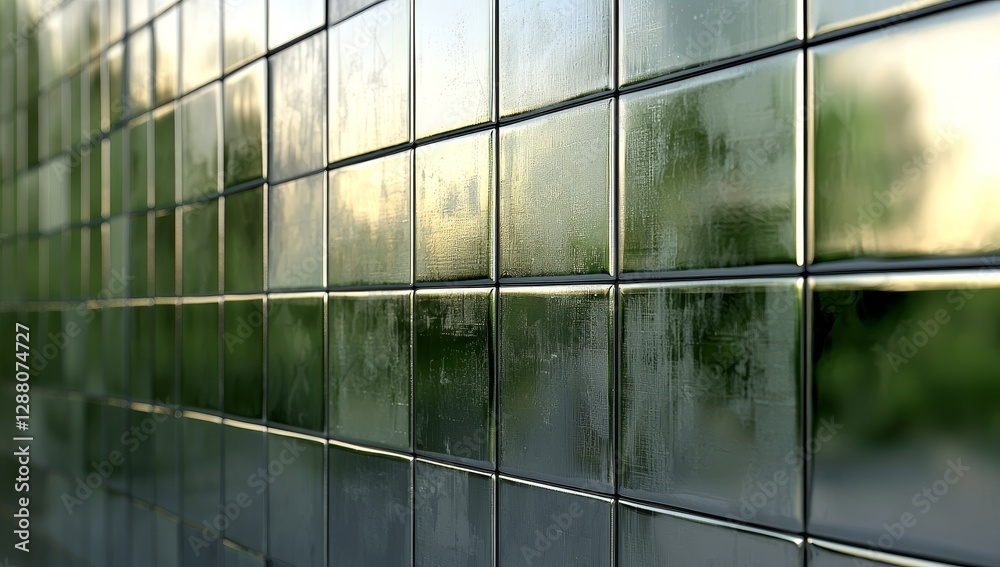 Poster an abstract setting with a high-tech theme and green square blocks