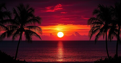 Tropical sunset silhouettes, palm trees, ocean. Possible stock photo use