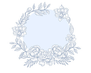 Hand Drawn Rose Flower and Leaves Line Art Wreath © choirun