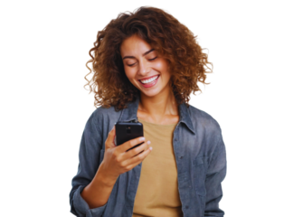 Happy woman using cell phone, cut out

