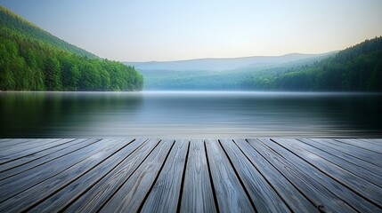 Fototapeta premium Calm Lake Morning Mist Rolling Hills Peaceful Nature Scenery