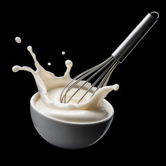a splash of cream, stirred with a whisk in a bowl floating in the air, isolated on solid black background
