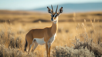 Fototapeta premium Stunning antelope gazelle in golden african savanna grassland dry sun wild heat brown white horns