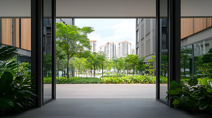 Modern Apartment Building Entrance with Lush Greenery