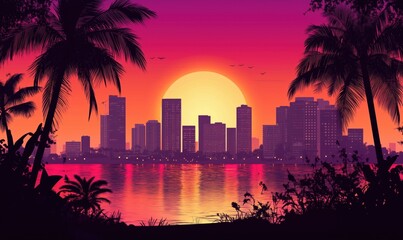 vibrant sunset over city skyline with palm trees and reflective water