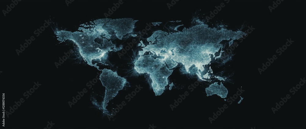 Poster A digital world map with abstract design on a blue backdrop, incorporating binary code and global network connections, symbolizes technology concepts of data transfer and cyber security in cyberspace