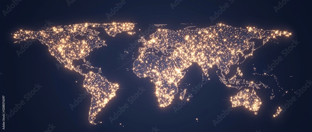 Poster Digital illustration of the world map on blue, infused with binary code and interconnected networks, conveys the concept of data transfer and cyber security measures within the cyber world