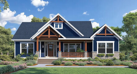 Navy blue Craftsman-style house showcases elegant design with wooden accents and vibrant garden in a sunny outdoor setting