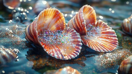 Ocean acidification idea. Close-up of vibrant scallop shells resting on the shimmering ocean floor.