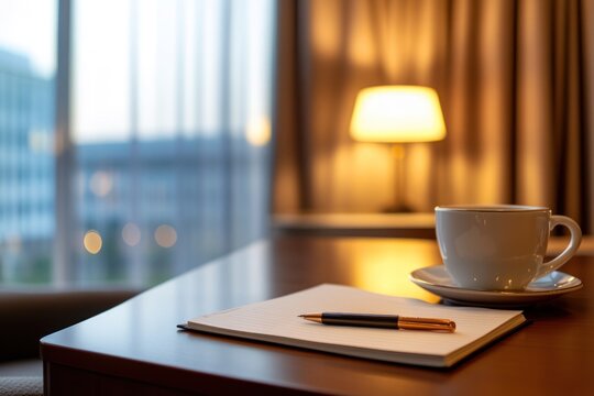 warm cozy hotel room with hot cup of coffee, open notebook and pen on wooden desk. inviting ambiance for creative work or relaxation. productivity and lifestyle concept