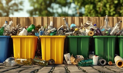 Fototapeta premium Overflowing recycling bins filled with various types of plastic and glass waste