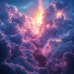 Stairway to heaven, clouds background, ray of light, for spiritual concepts